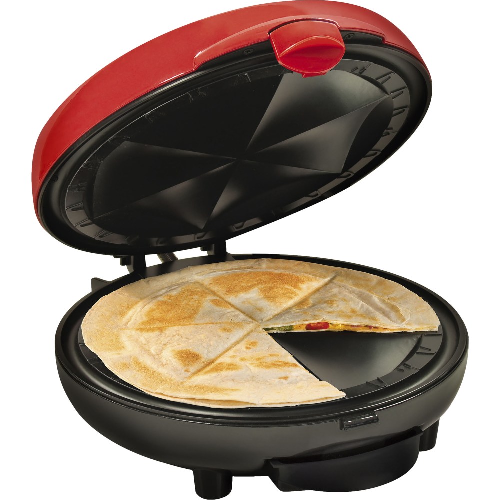 Taco Tuesday 6-Wedge Electric Quesadilla Maker With Extra Stuffing Latch, 5in x 9-1/2in x 11in, Red