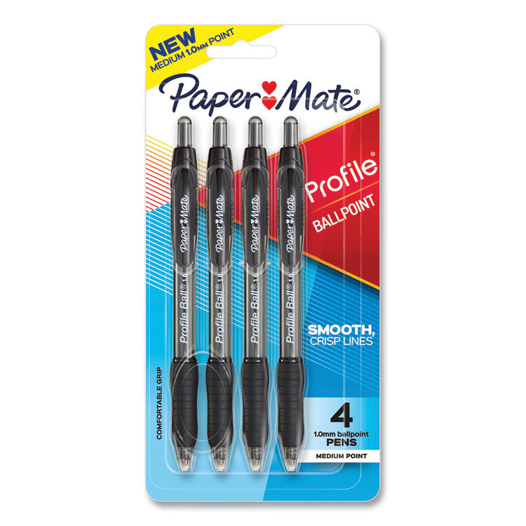 Profile Ballpoint Pen, Retractable, Medium 1 Mm, Black Ink, Translucent Black Barrel, 4/pack