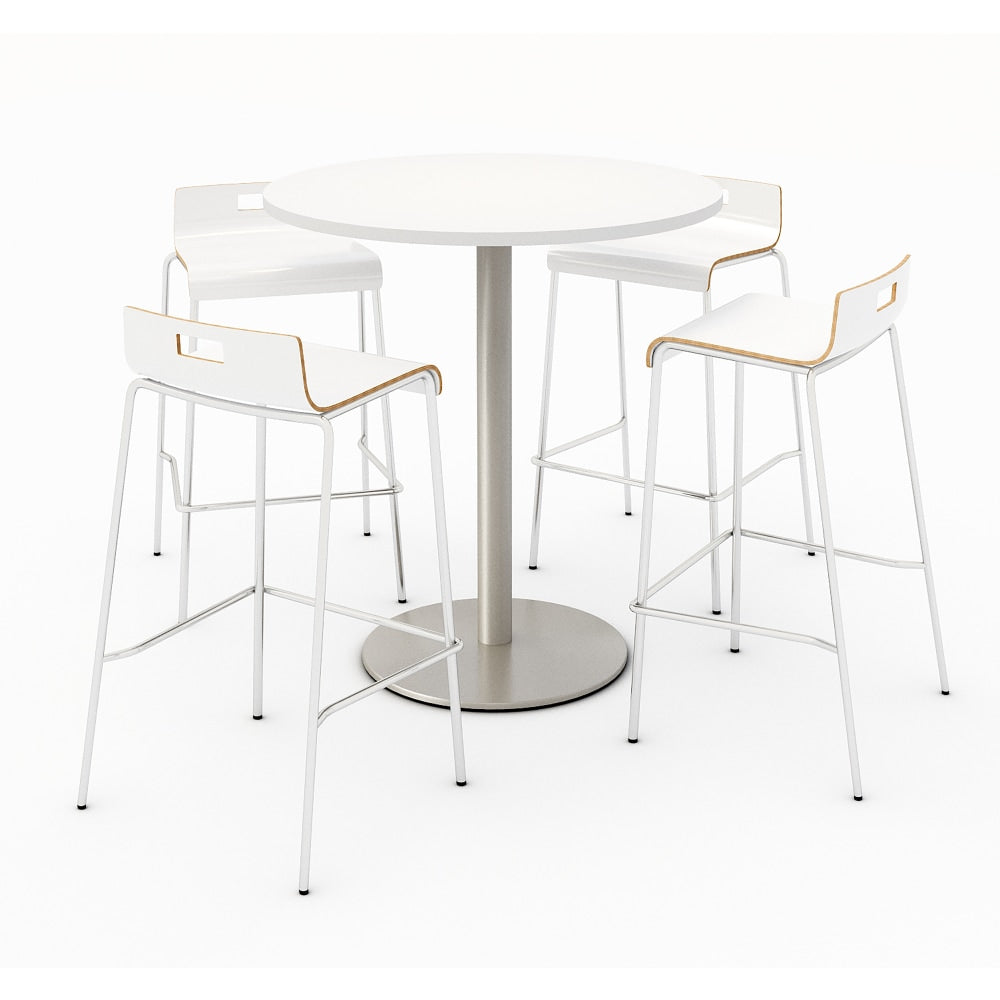 KFI Studios Round Bistro Pedestal Table With 4 Stacking Bar Stools, White