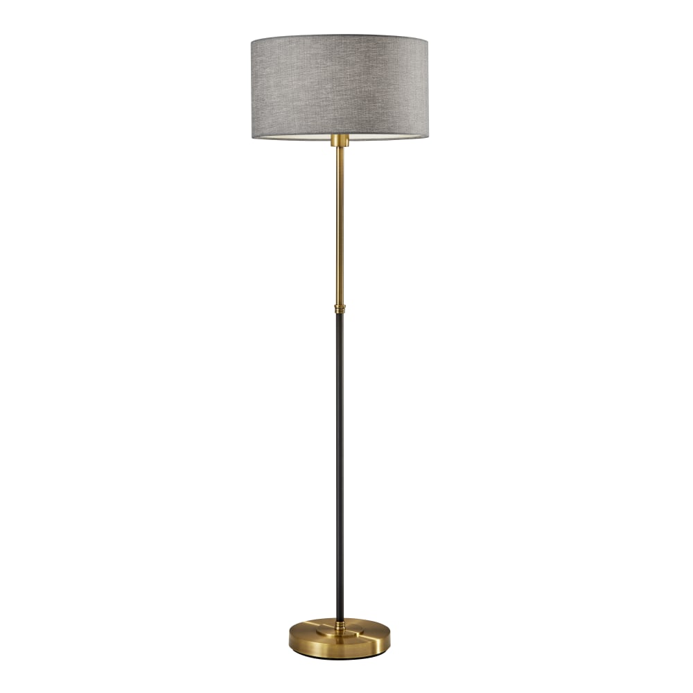 Adesso Bergen Floor Lamp, 59inH, Gray Shade/Black And Antique Brass Base