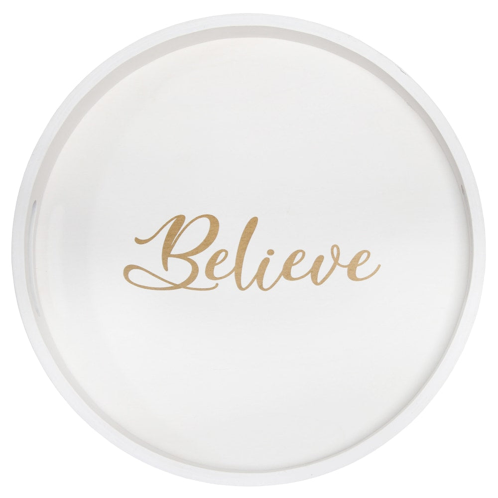 Elegant Designs Decorative Round Serving Tray, 1-11/16inH x 13-3/4inW x 13-3/4inD, White Wash Believe