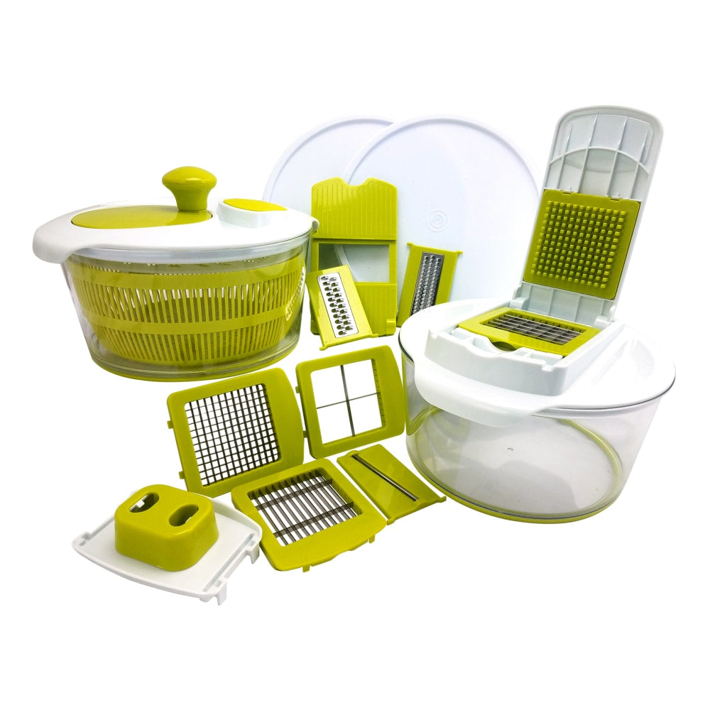 MegaChef 10-in-1 Multi-Use Salad Spinning Slicer, Dicer and Chopper with Interchangeable Blades and Storage Lids, Green