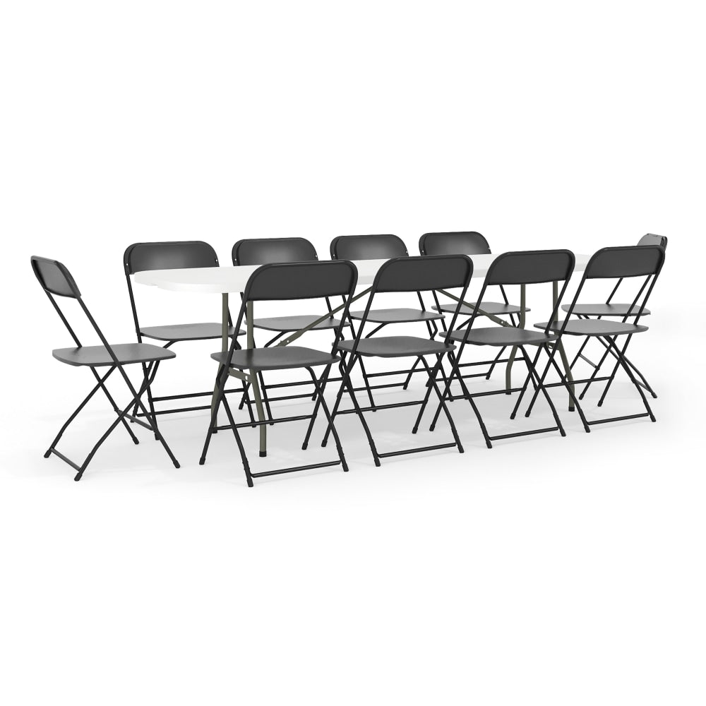 Flash Furniture Bi-Fold Plastic Event/Training Folding Table Set With 10 Folding Chairs, 29inH x 30inW x 96inD, Black