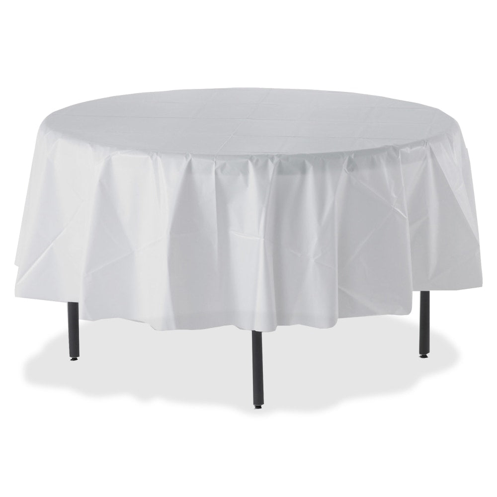 Genuine Joe Plastic Round Tablecovers - 84in Diameter - Plastic - White - 24 / Carton