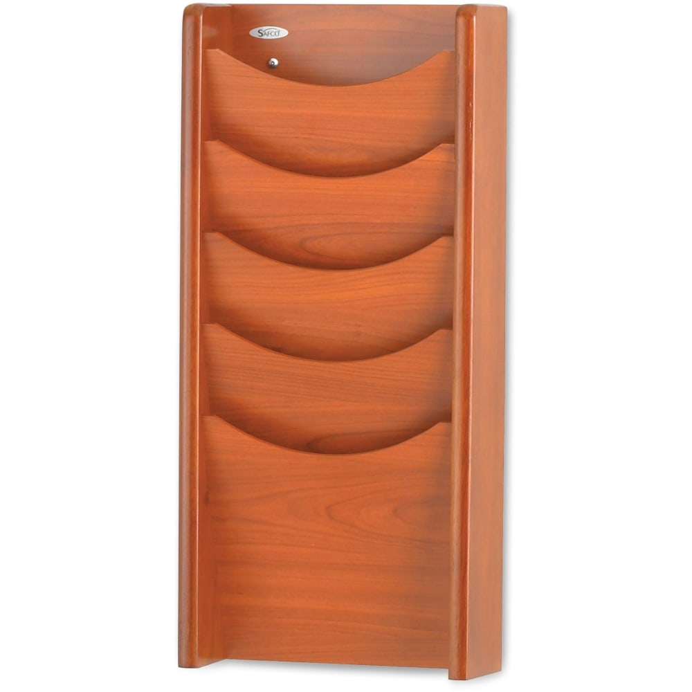 Safco 5-Pocket Wood Magazine Rack - 5 Pocket(s) - Compartment Size 11in x 9.50in x 0.75in - 23.8in Height x 11.3in Width x 3.8in Depth - Wood Stain - Cherry - Wood - 1 Each