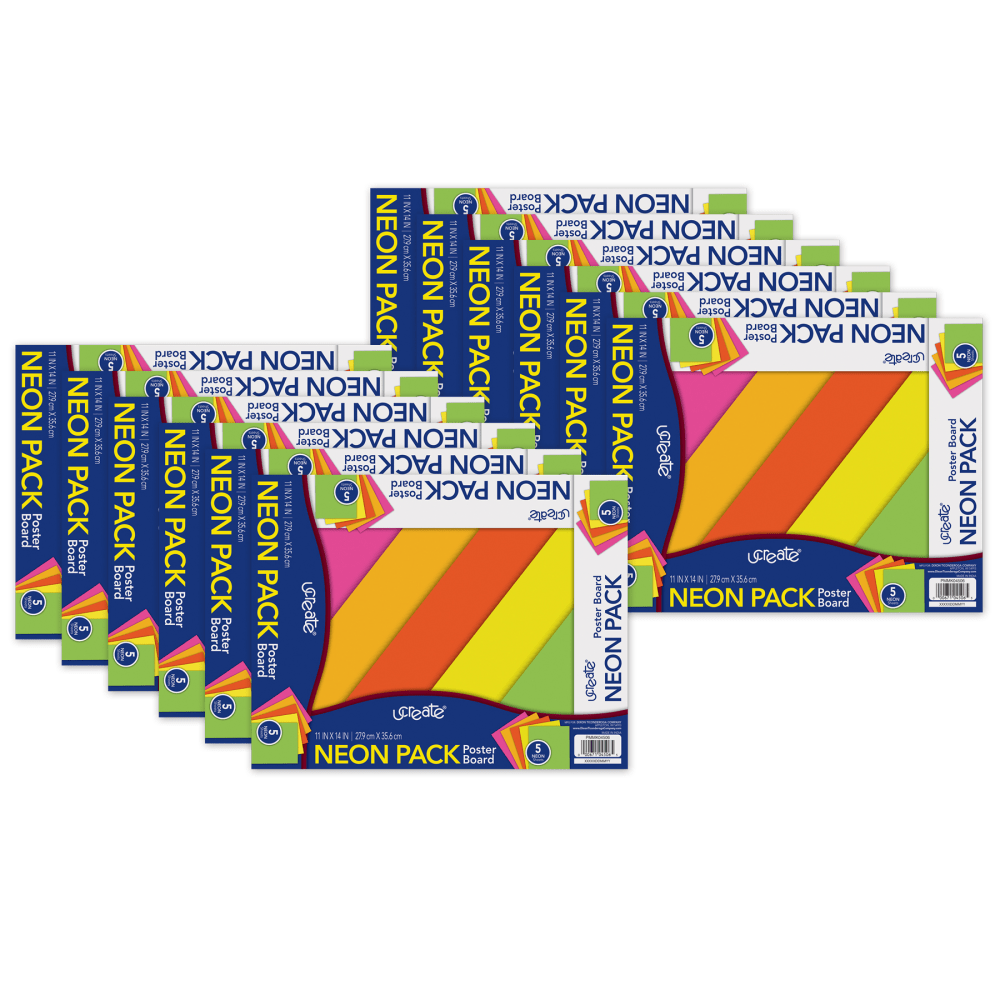 UCreate Neon Poster Boards, 11in x 14in, Assorted Colors, 5 Boards Per Pack, Set Of 12 Packs