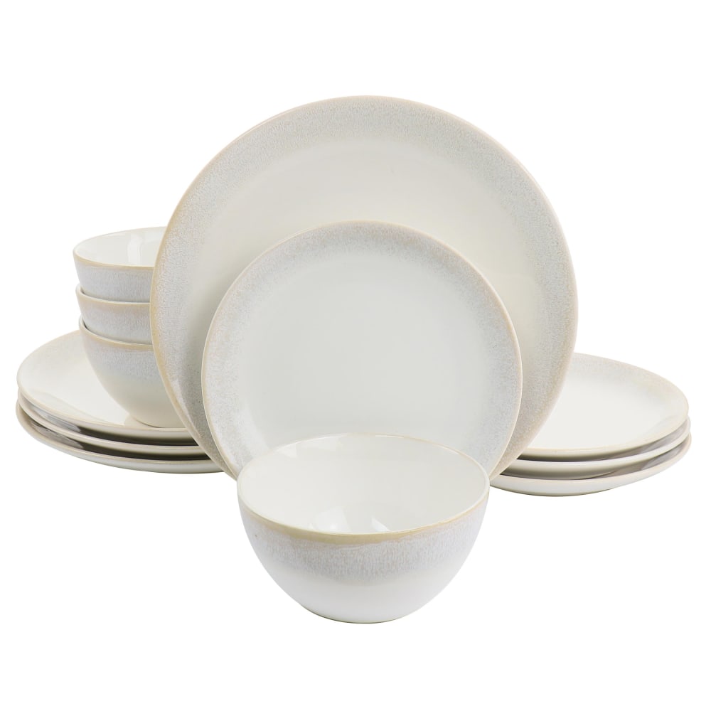 Martha Stewart 12-Piece Round Stoneware Dinnerware Set, Taupe/White