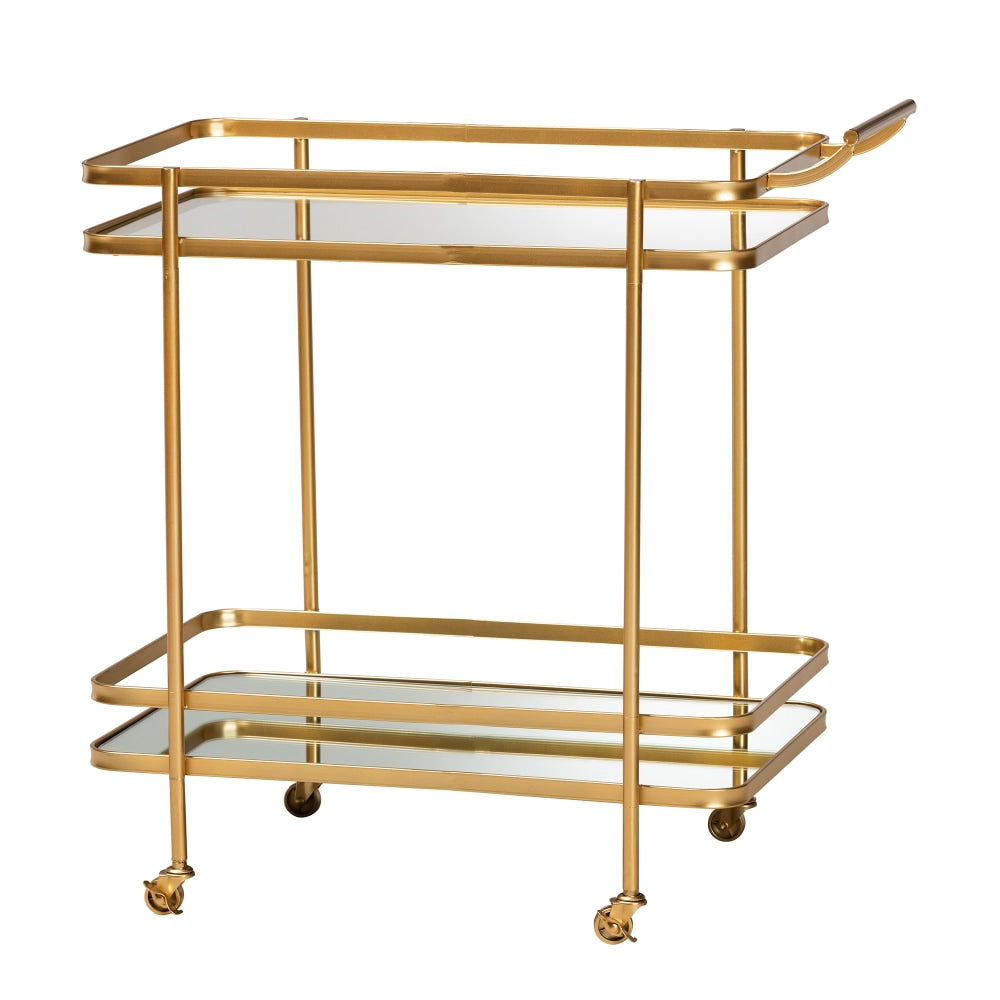 Baxton Studio Modern And Contemporary Glam Mirrored 2-Tier Metal Mobile Wine Bar Cart, Brushed Gold
