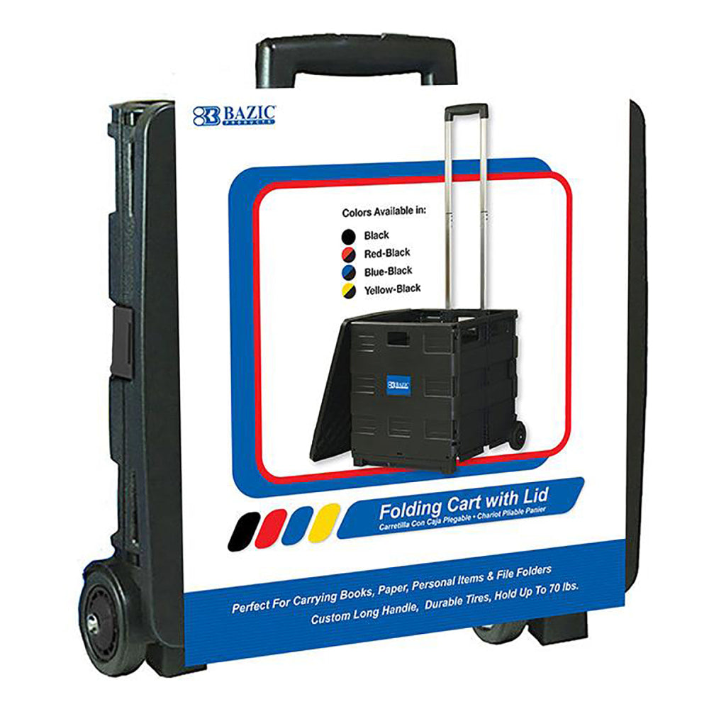 BAZIC Products Folding Cart On Wheels With Lid Cover, 18inH x 15inW x 16inD, Black/Gray