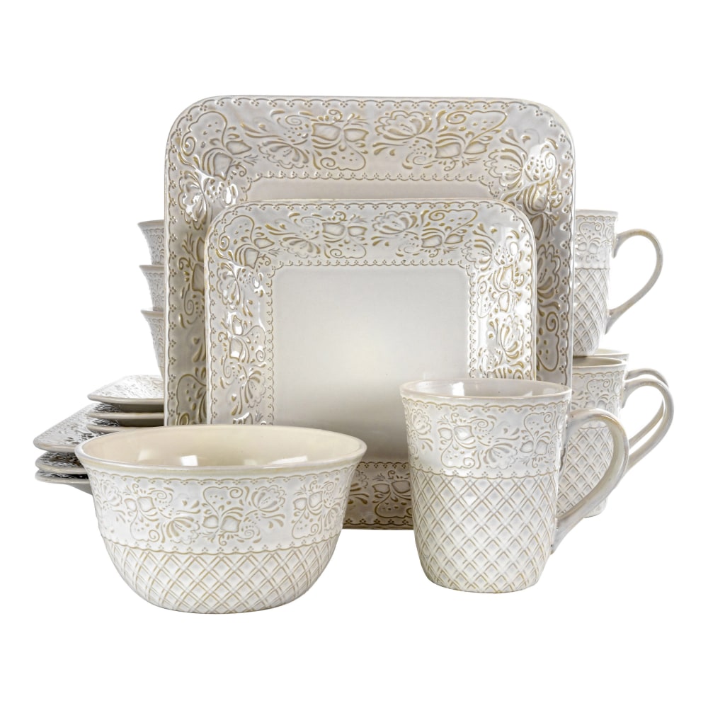 Elama 16-Piece Stoneware Dinnerware Set, Ivory Lotus