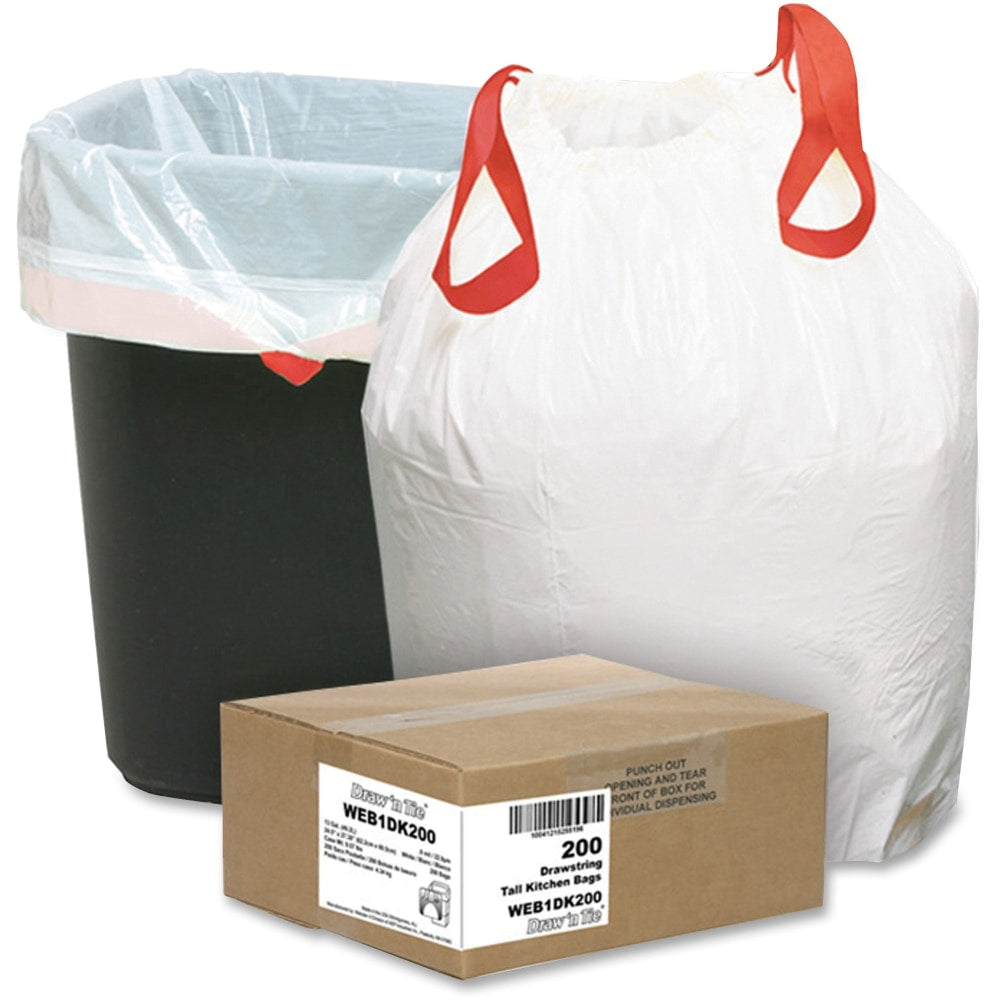 Draw N Tie 0.9-mil Trash Bags, 13 Gallons, 24-1/2in x 27-3/8in, White, Box Of 200