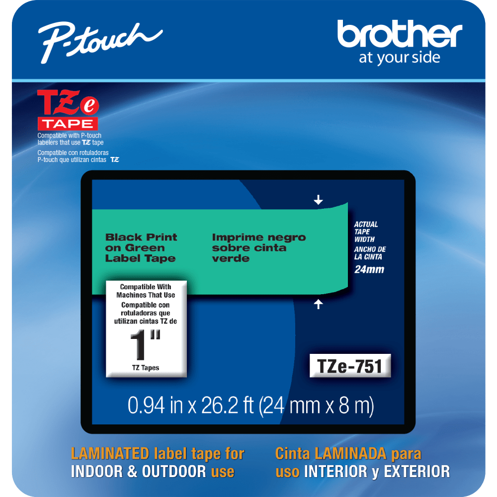 Brother TZE751CS Genuine P-Touch Laminated Label Tape, 1in x 26-1/4ft, Black/Green