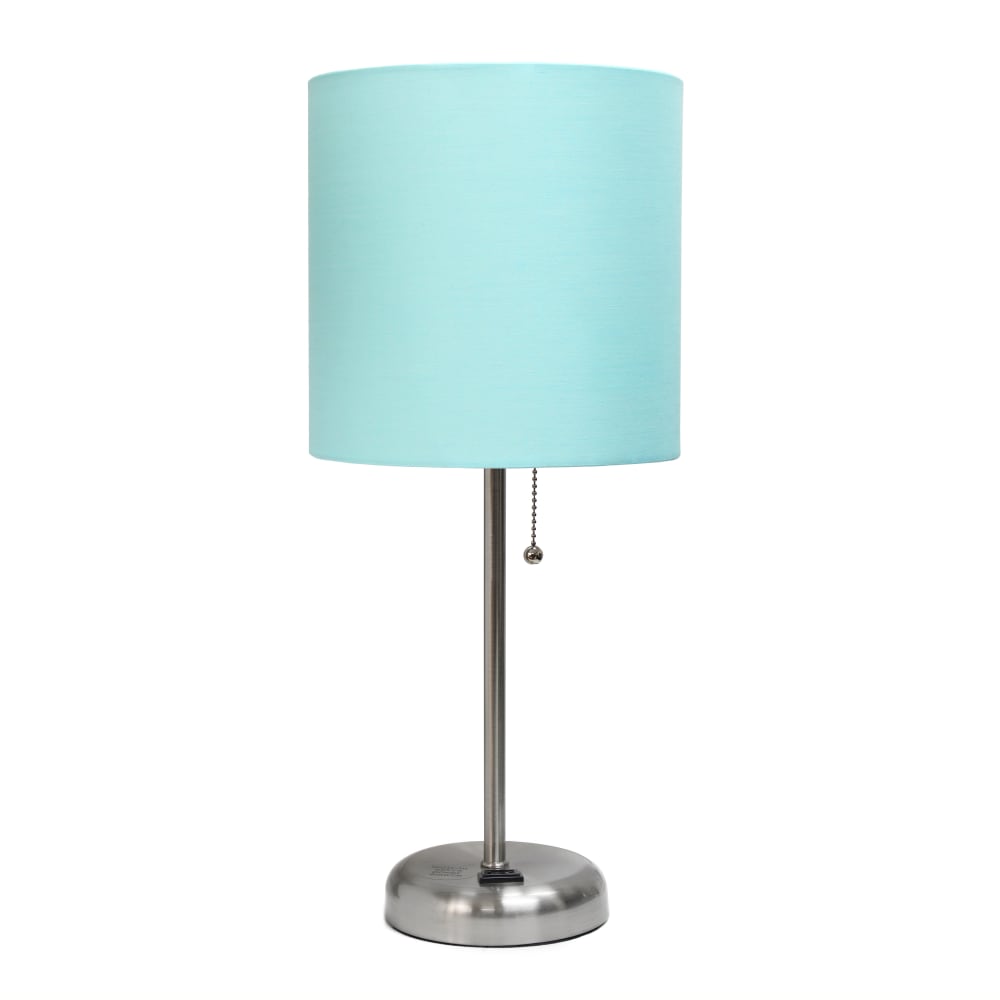 LimeLights Stick Lamp with Charging Outlet, 19-1/2inH, Aqua Shade/Brushed Steel Base
