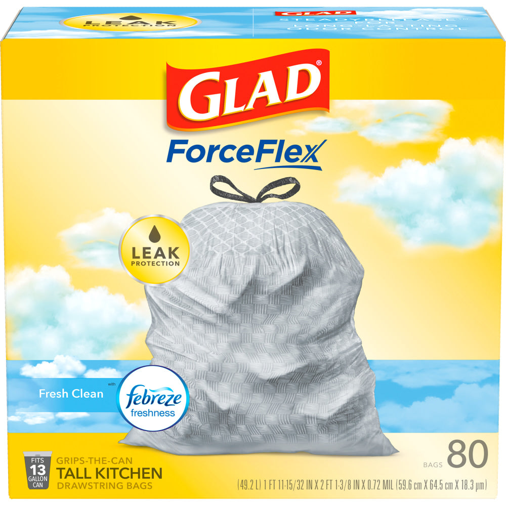 Glad Tall Kitchen 5-Day OdorShield Trash Bags With Febreze Freshness, 13 Gallons, Fresh Clean Scent, White, Pack Of 80 Trash Bags