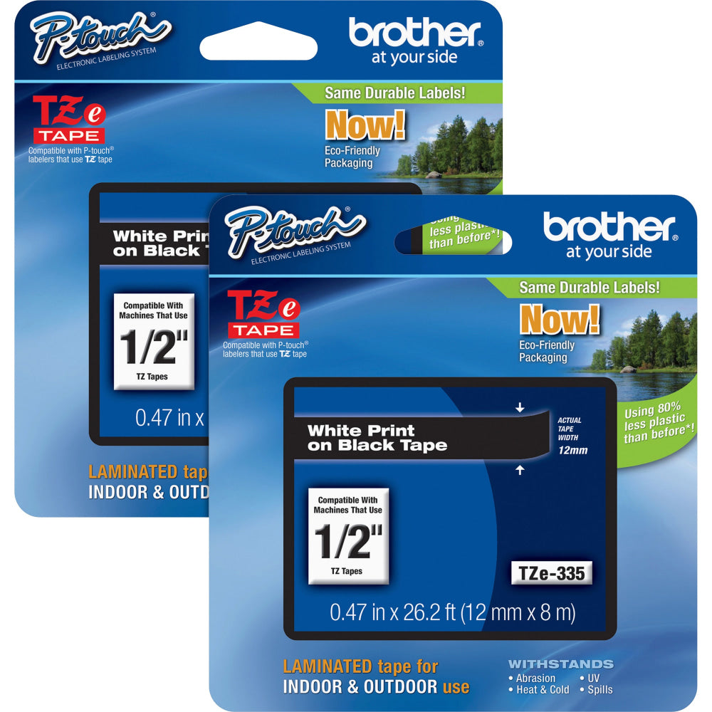 Brother P-touch TZe Laminated Tape Cartridges, 15/32inW x 26 1/5L , Rectangle, Black, 2 Per Bundle