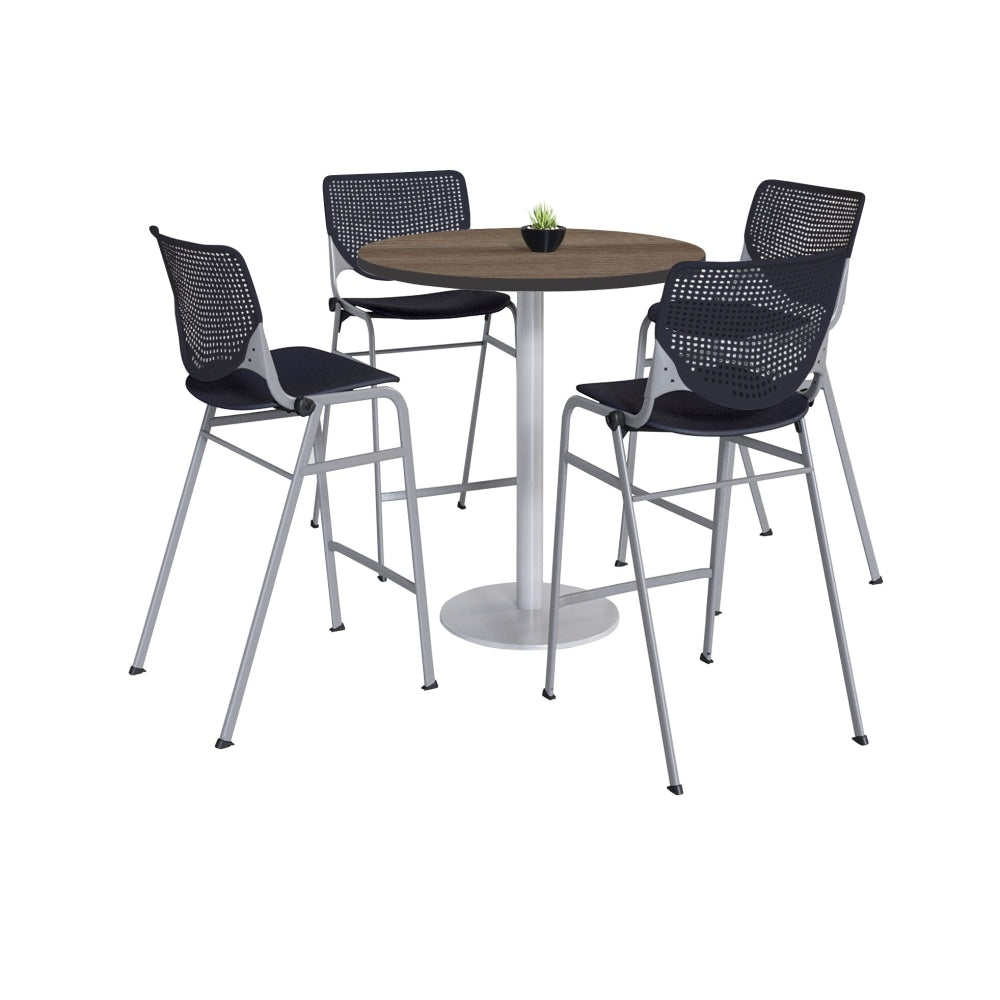 KFI Studios KOOL Round Pedestal Table With 4 Stacking Chairs, 41inH x 36inD, Studio Teak/Black