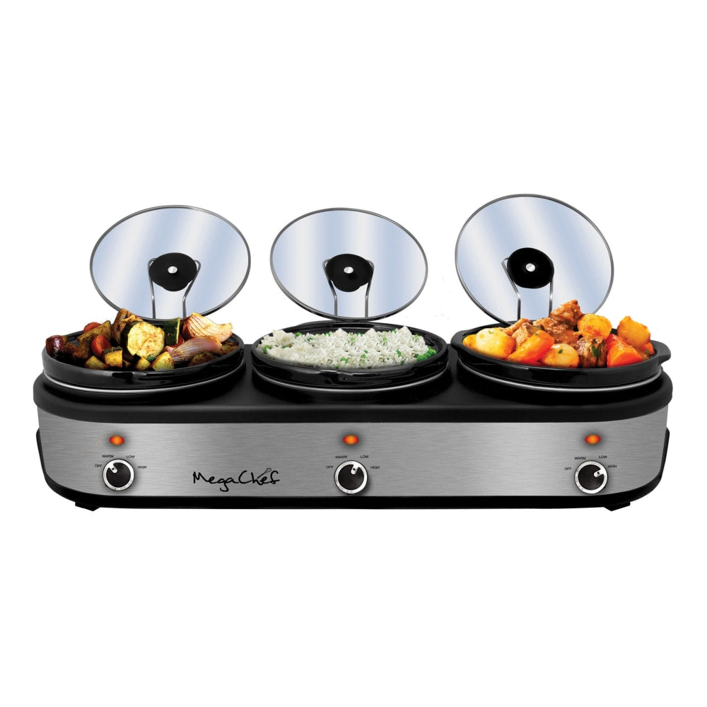 MegaChef Triple 2.5 Qt. Slow Cooker and Buffet Server, Black/Brushed Silver