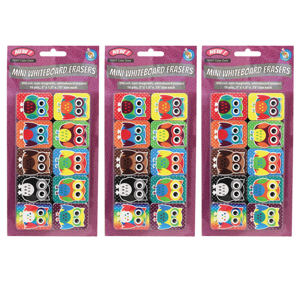 Ashley Productions Non-Magnetic Mini Whiteboard Erasers, Color Owls, Pack of 30