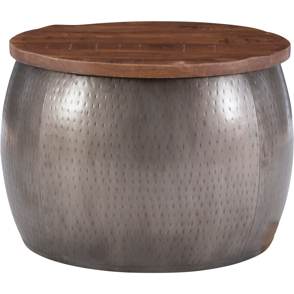 Powell Angus Drum Side Table With Storage, 18-1/2inH x 27-1/2inW x 27-1/2inD, Pewter/Brown