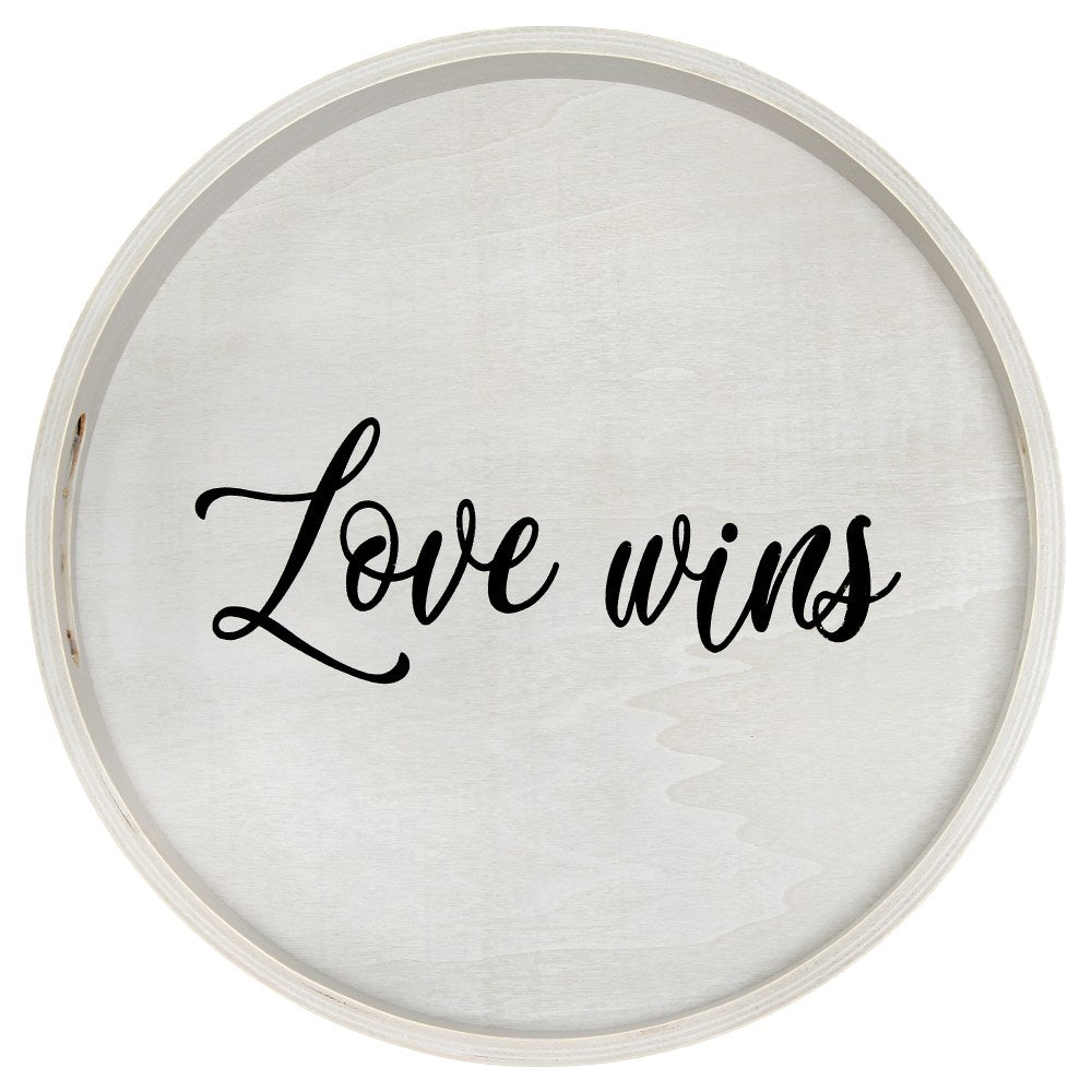 Elegant Designs Decorative Round Serving Tray, 1-11/16inH x 13-3/4inW x 13-3/4inD, Gray Wash Love Wins