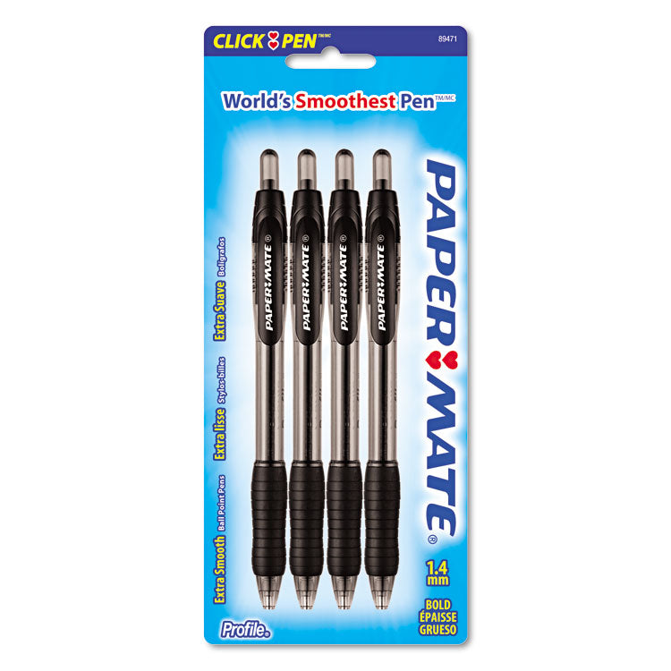 PROFILE BALLPOINT PEN, RETRACTABLE, BOLD 1.4 MM, BLACK INK, SMOKE BARREL, 4/PACK