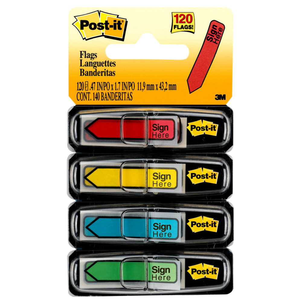 Post-it Notes Arrow Flags, " Sign Here", 1/2in, Assorted Colors, 30 Flags Per Pad, Pack Of 4 Pads