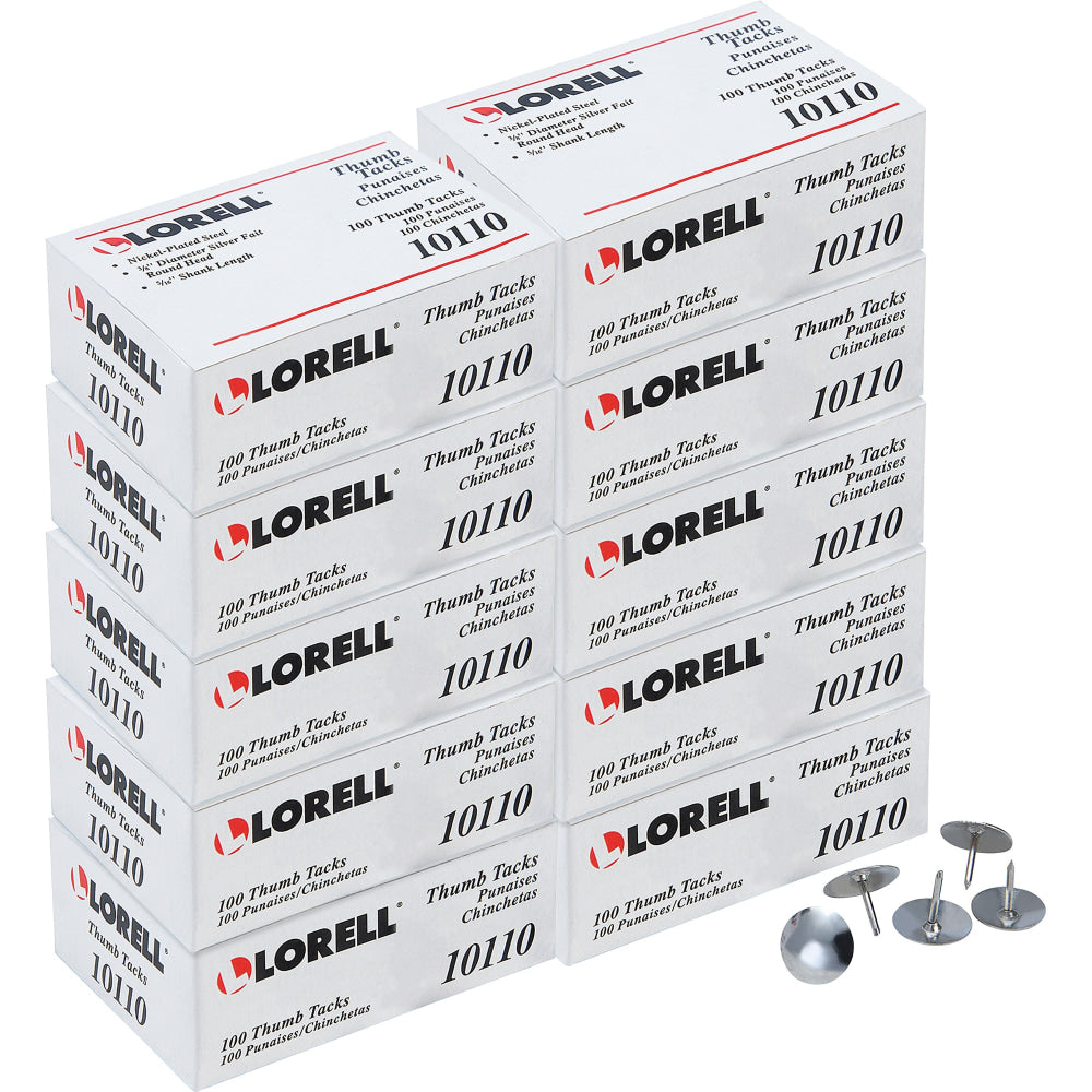 Lorell 5/16in Long Thumb Tacks - 0.31in Shank - 0.38in Head - for Schedule, Wall - 10 / Carton - Silver - Nickel Plated Steel