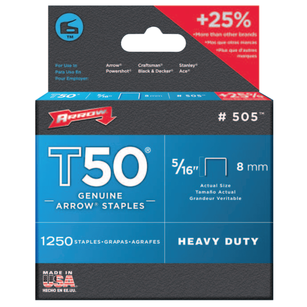 Arrow 50524 T50 Staples, 5/16inL x 3/8inW, Silver, Box Of 1,250 Staples