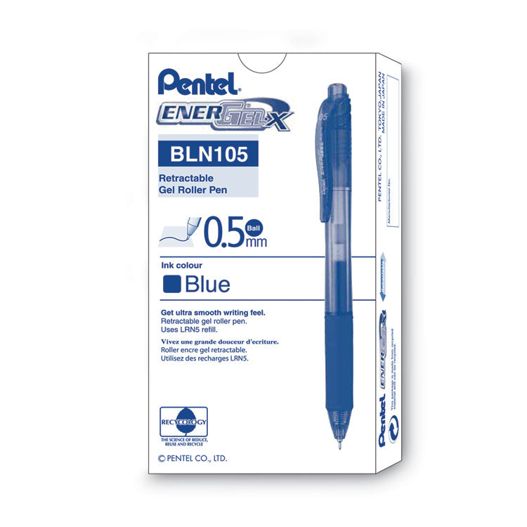 EnerGel-X Gel Pen, Retractable, Fine 0.5 mm, Blue Ink, Translucent Blue/Blue Barrel, Dozen