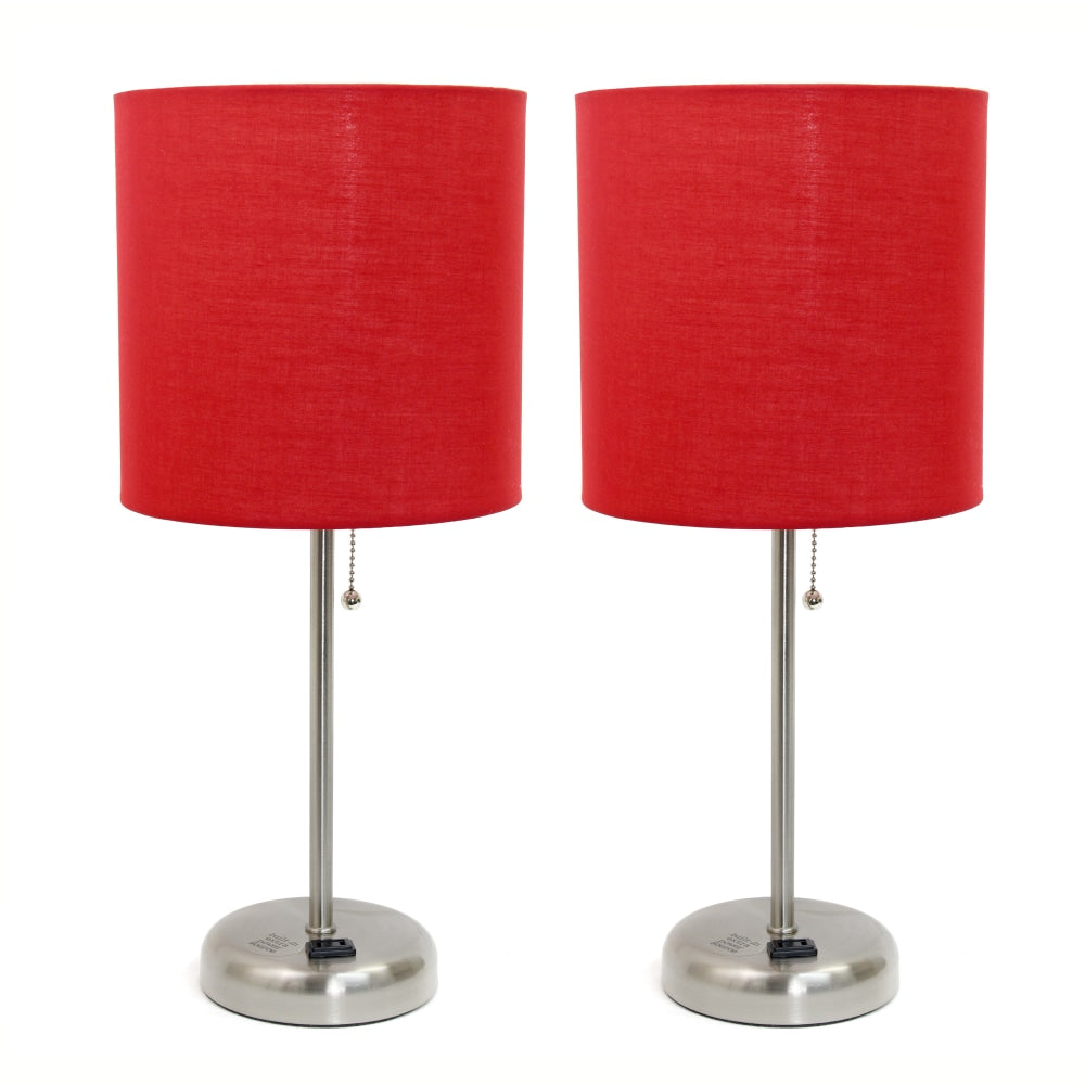 LimeLights Stick Desktop Lamps With Charging Outlets, 19-1/2in, Red Shade/Brushed Nickel Base, Set Of 2 Lamps