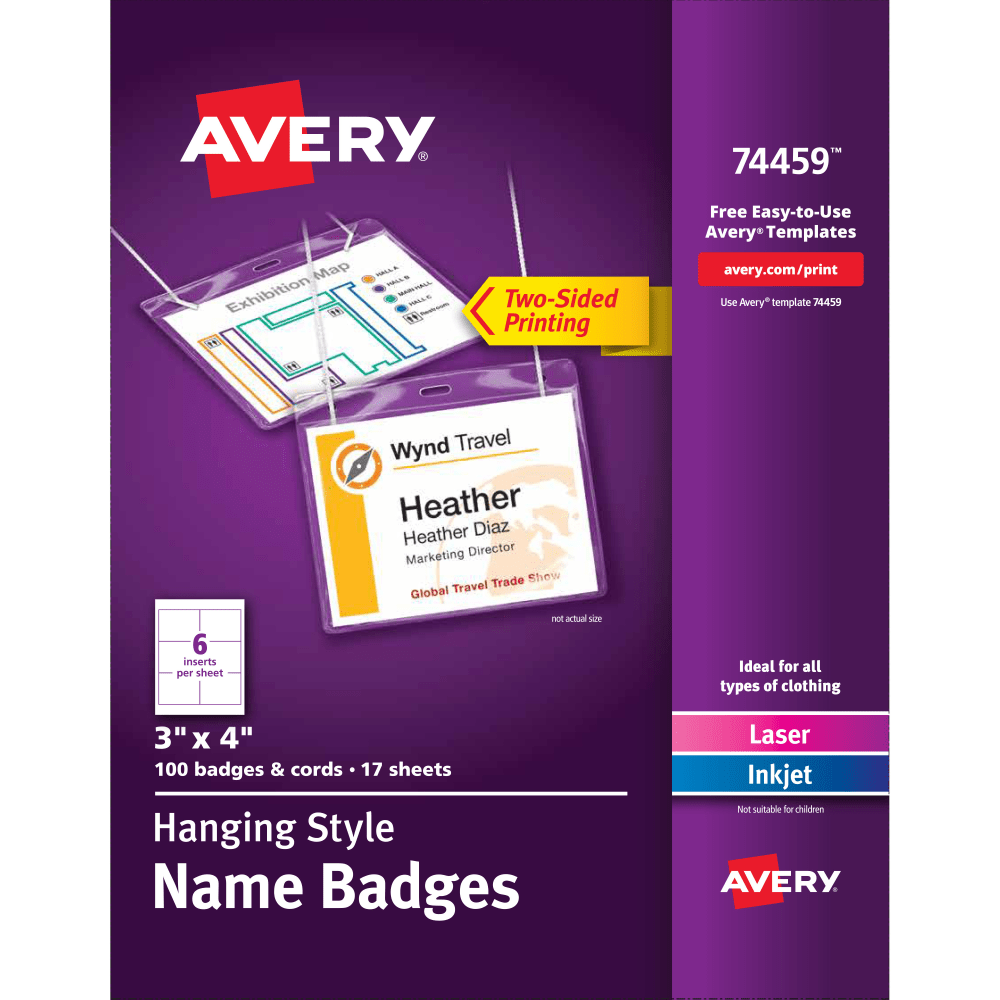 Avery Customizable Hanging Name Badges, Rectangle, 74459, 3in x 4in, Clear Holders With White Inserts, Box Of 100