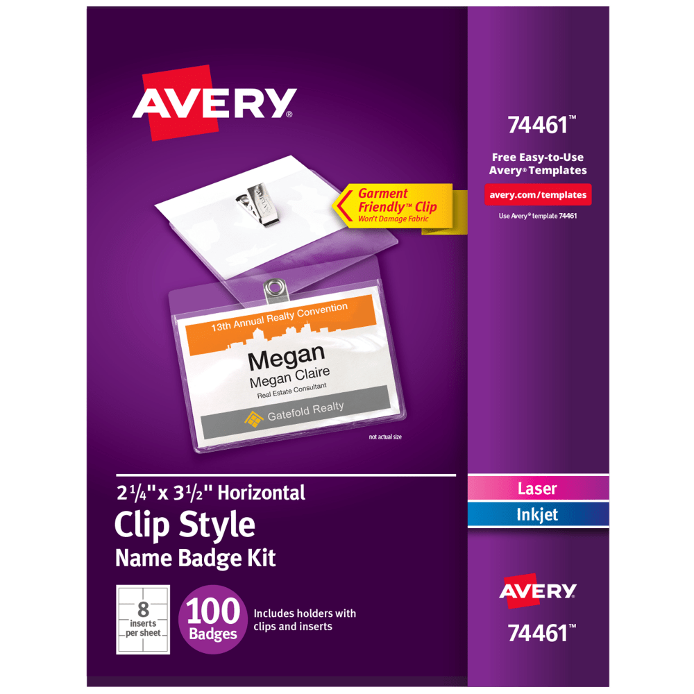 Avery Customizable Name Badges With Clips, Rectangle, 74461, 2-1/4in x 3-1/2in, Clear Holders With White Inserts, 100 Badges