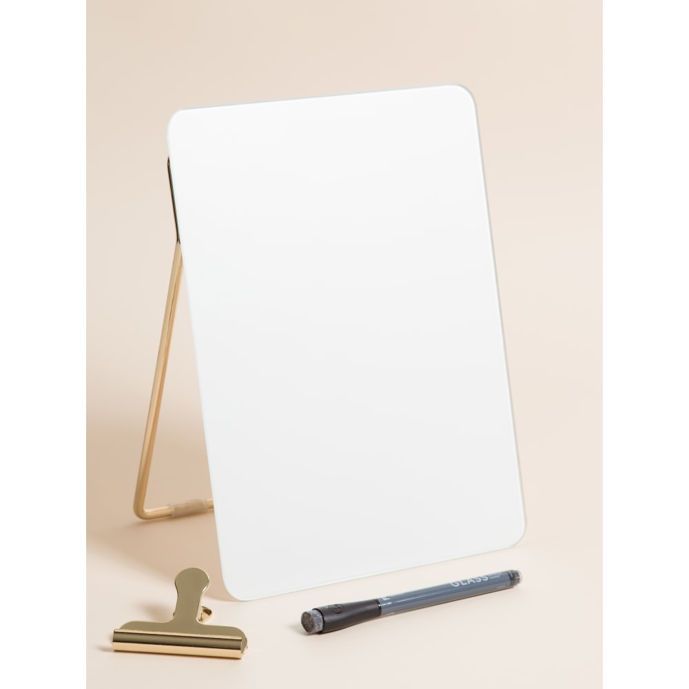 U Brands Non-Magnetic Glass Dry Erase Desktop Easel, 11 3/4in X 8 1/2in, Tempered Glass, Gold Metal Stand, Removable Clip