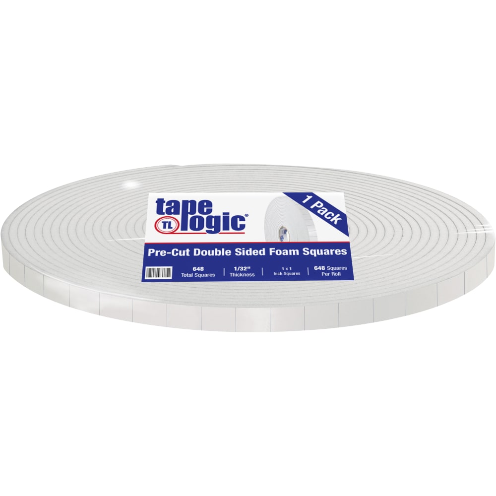 Tape Logic Double-Sided Foam Squares, 31.25 mils, 3in Core, 1in x 1in, White, Roll Of 648