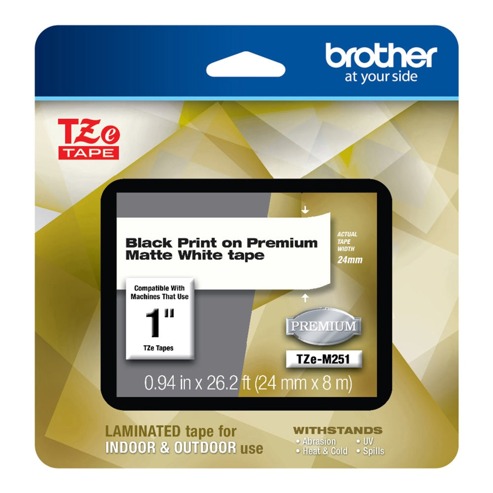 Brother TZE Premium Matte Laminated Tape, 0.94in x 26.2ft, Black/White
