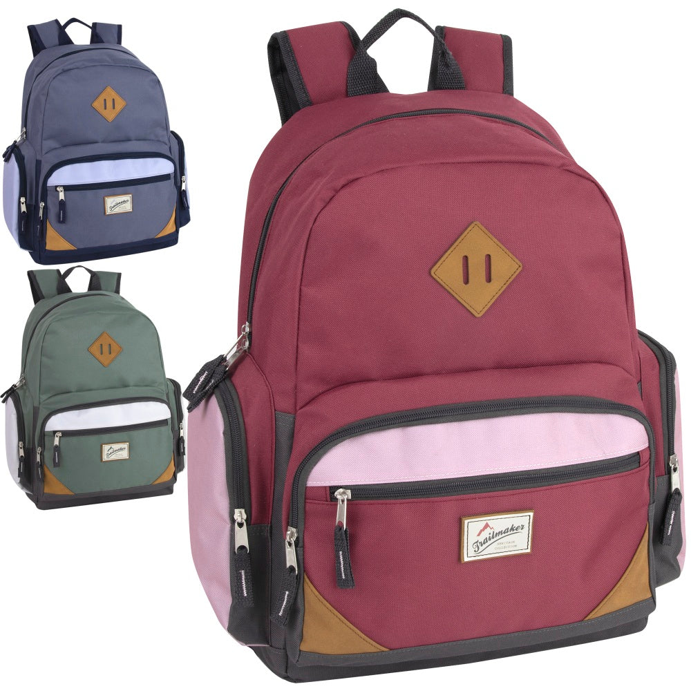 Trailmaker Multi-Pocket Backpacks With 15in Laptop Pockets, Rose/Green/Blue, Set Of 24 Backpacks