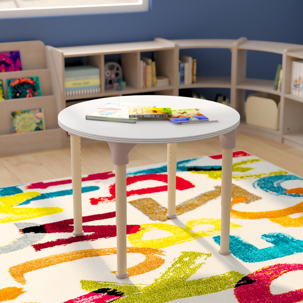 Flash Furniture Bright Beginnings Round Commercial Wooden Adjustable Height Classroom Activity Table, 23inH x 33inW x 33inD, Beech/White