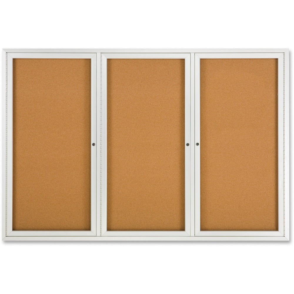 Quartet Fully Enclosed 3-Door Bulletin Board, 72in x 48in, Aluminum Frame With Silver Finish