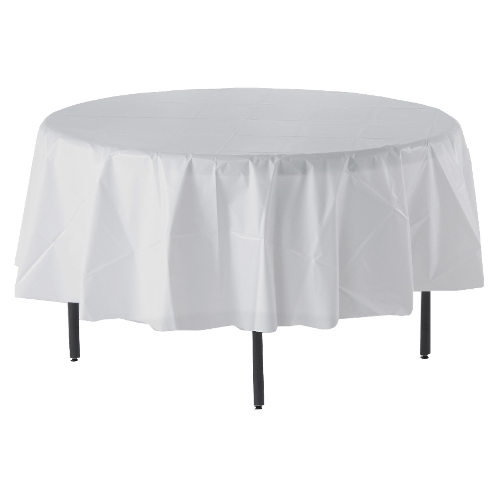 Genuine Joe Plastic Round Table Covers, 48in-60in Diameter, White, Pack Of 6