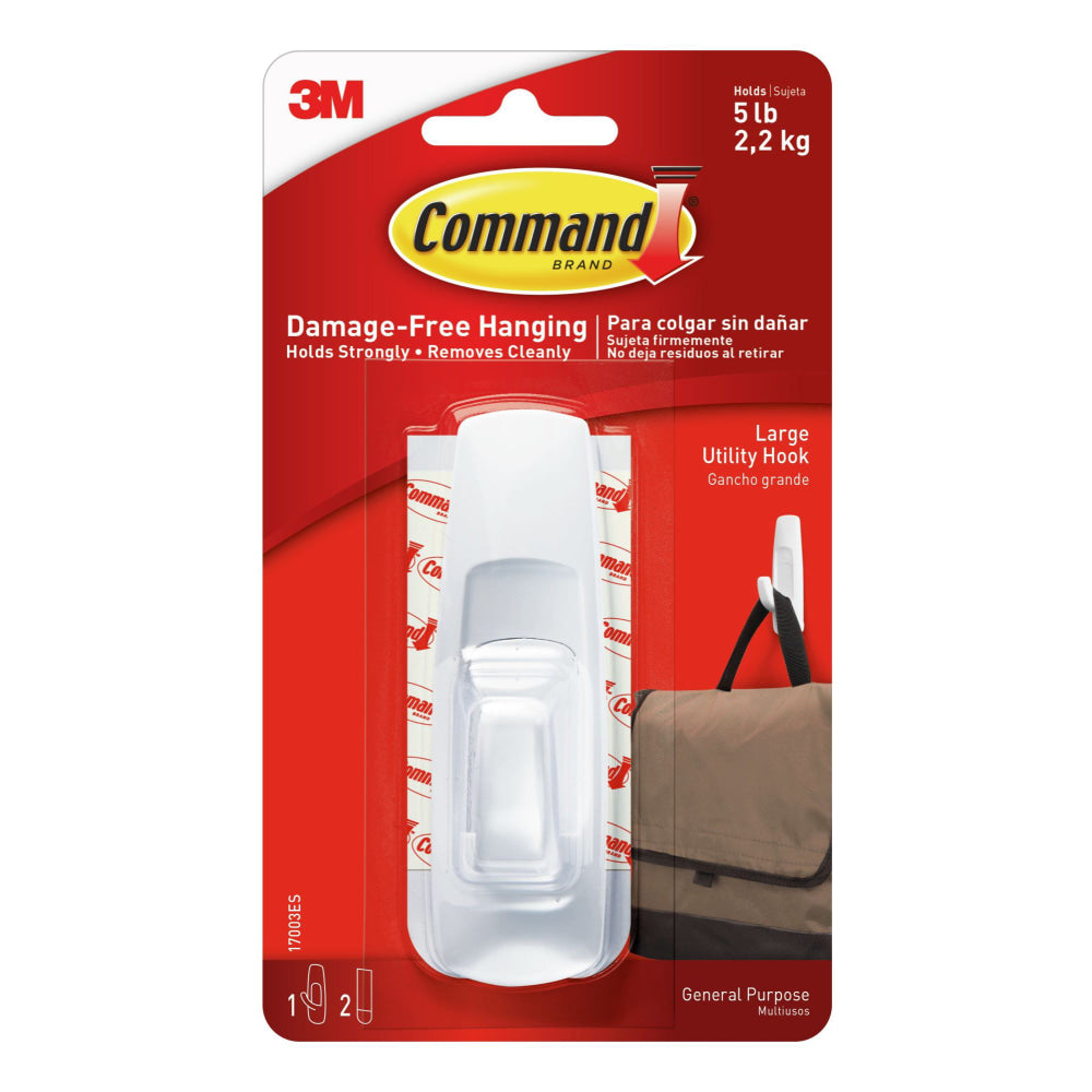 Command Large Utility Removable Plastic Hooks, 1-Command Hook, 2-Command Strips, Damage-Free, White
