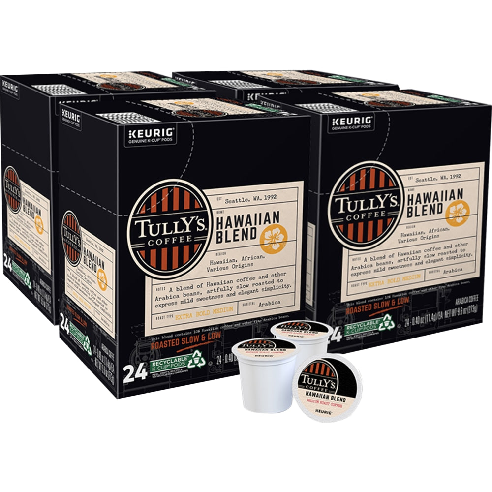 Tully's Coffee Hawaiian Blend Single-Serve K-Cups, Carton Of 24 K-Cups, Box Of 4 Cartons