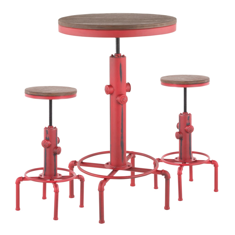 LumiSource Hydra Industrial Table With 2 Stools, Vintage Red/Brown Bamboo