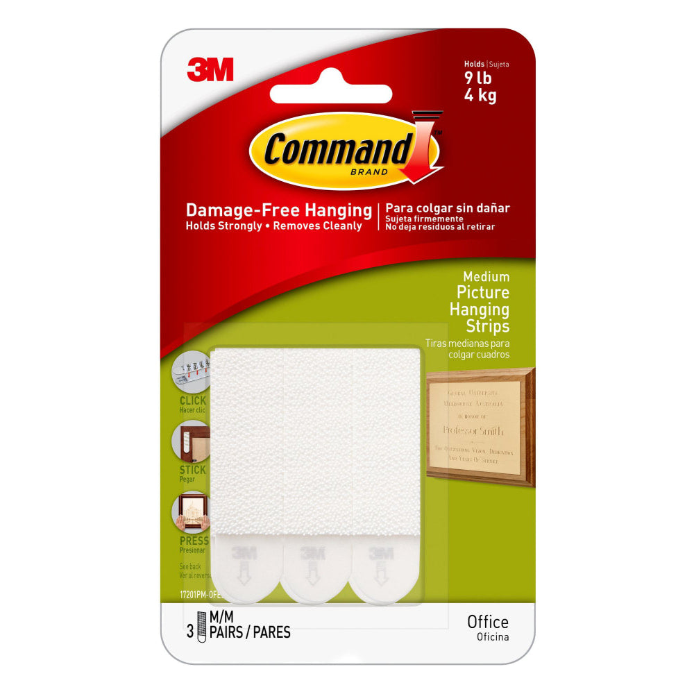 Command Damage-Free Picture Hanging Strips, Medium, White, Pack Of 3