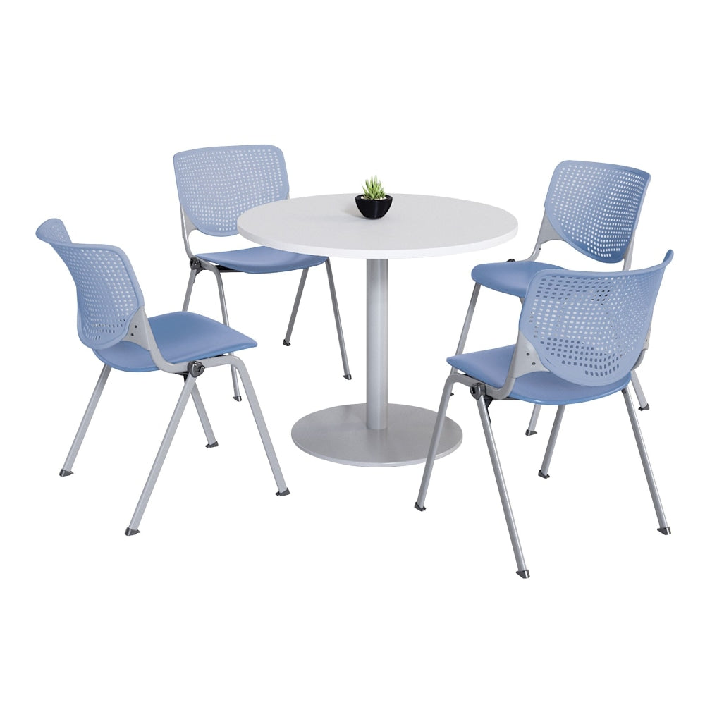 KFI Studios KOOL Round Pedestal Table With 4 Stacking Chairs, White/Peri Blue