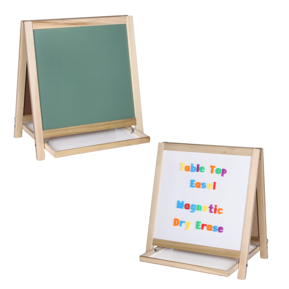 Flipside Magnetic Dry-Erase Whiteboard/Chalk Table Top Easel, 20 1/4in x 18 1/4in, Wood Frame With Brown Finish