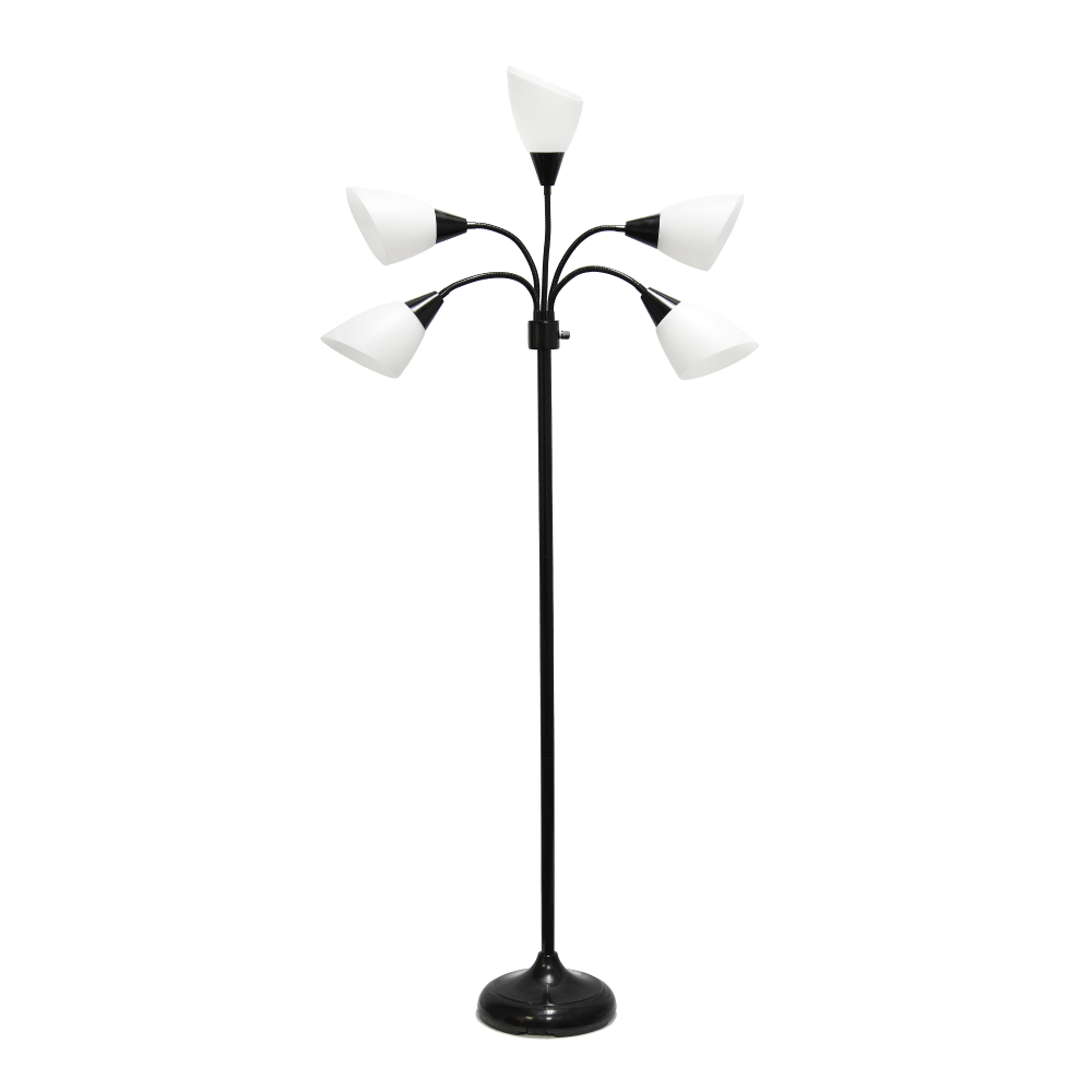 Simple Designs 5-Light Adjustable Gooseneck Floor Lamp, 67inH, White Shade/Black Base
