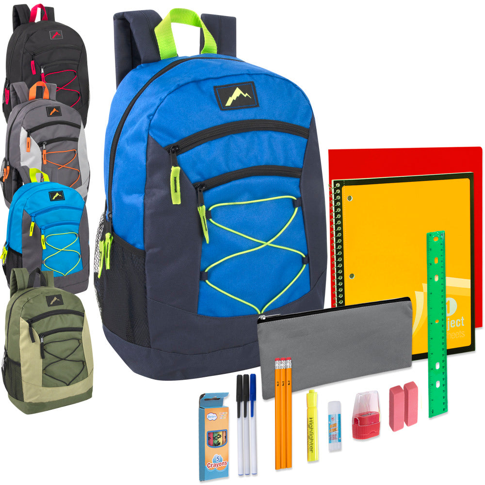 Trailmaker Multi-Pocket Bungee Backpacks With 20-Piece School Supply Kits, Assorted Colors 1, Pack Of 24