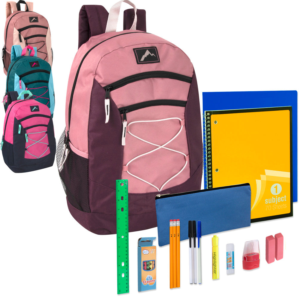 Trailmaker Multi-Pocket Bungee Backpacks With 20-Piece School Supply Kits, Assorted Colors 2, Pack Of 24