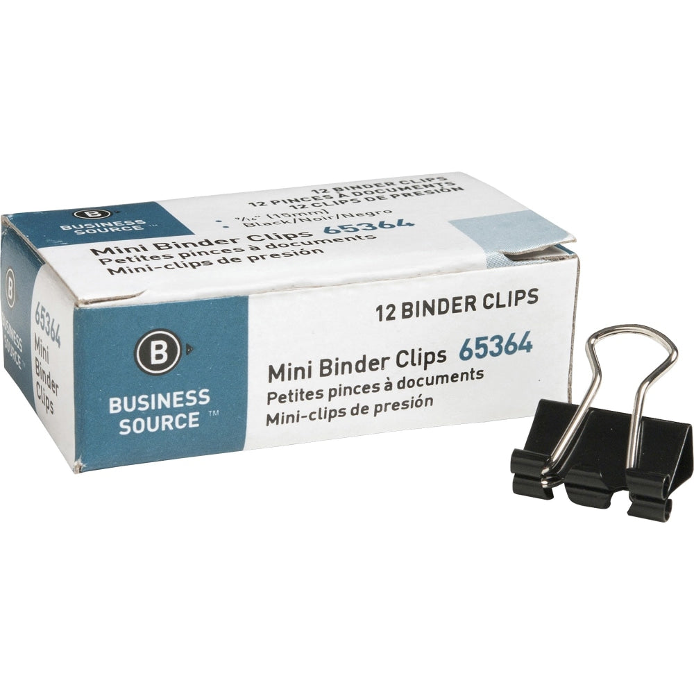 Business Source Fold-back Binder Clips - Mini - 0.6in Width - 0.25in Size Capacity - for Paper - 1Dozen - Black - Steel