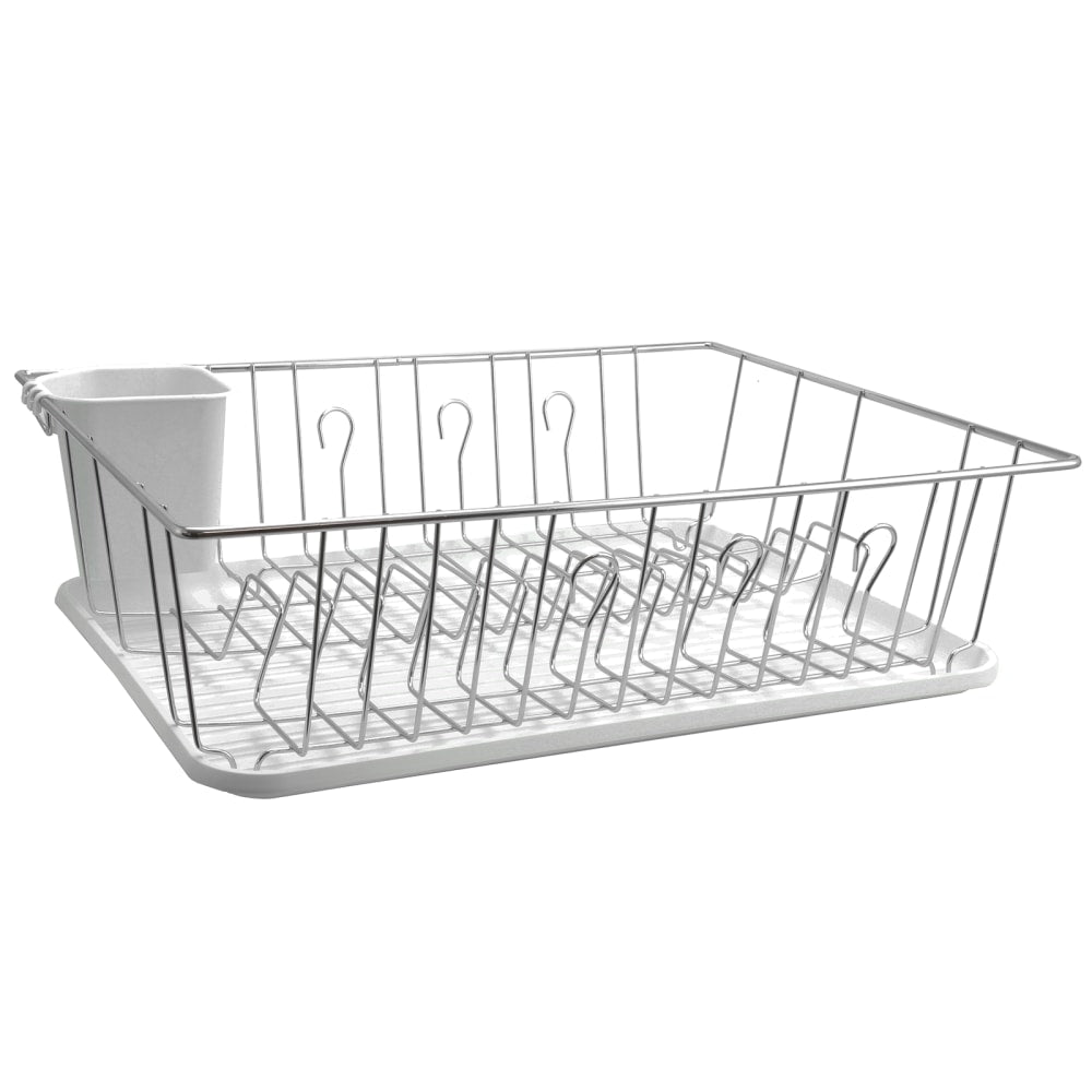 MegaChef Dish Rack With 14 Plate Positioners And Detachable Utensil Holder, 17-1/2in, White